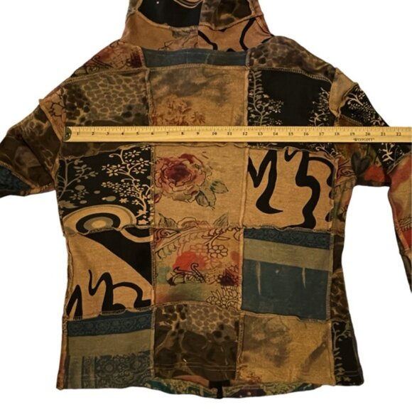 Boho Hoodie Patchwork Hooded Cardigan Cotton Zip Sweater Exposed Seam Earthtones - Picture 9 of 16